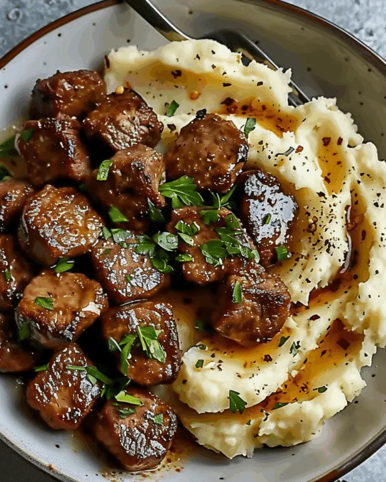 Garlic Butter Beef Bites with Creamy Mashed Potatoes