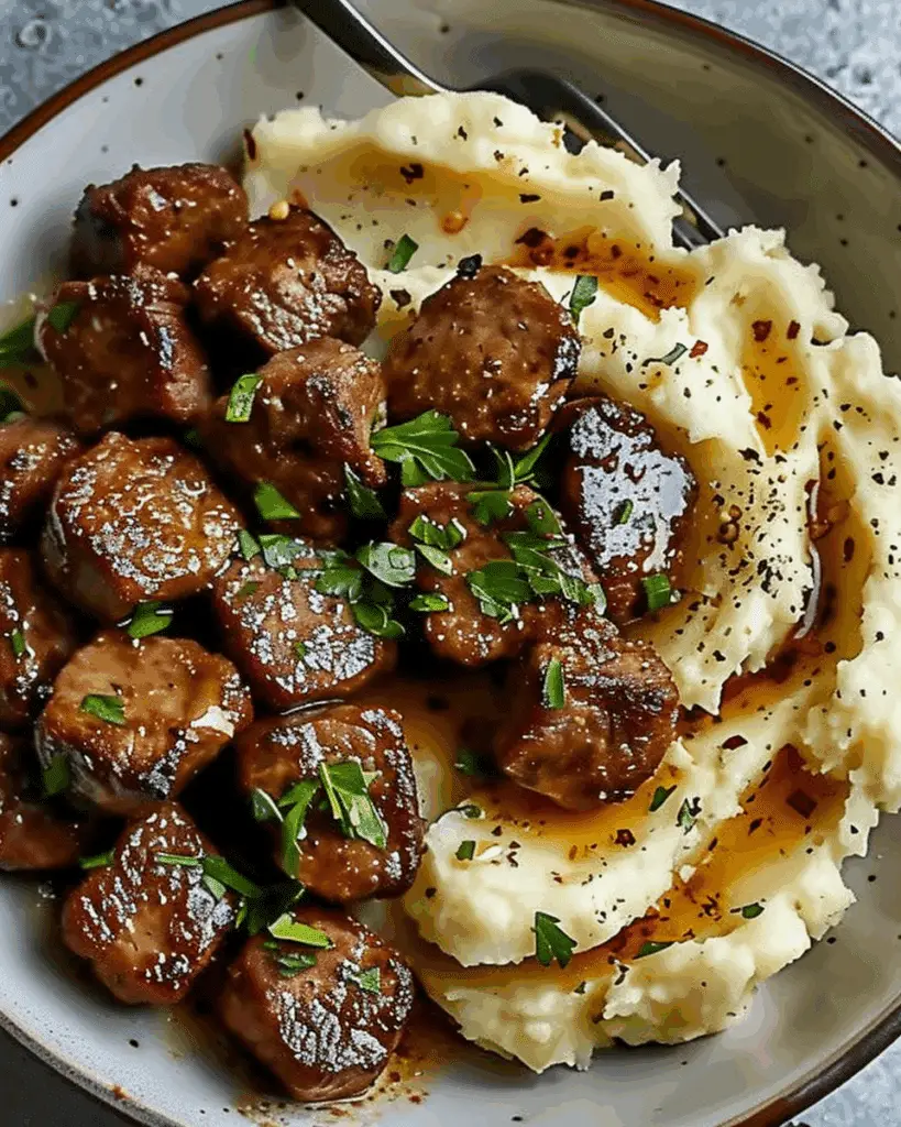Garlic Butter Beef Bites with Creamy Mashed Potatoes