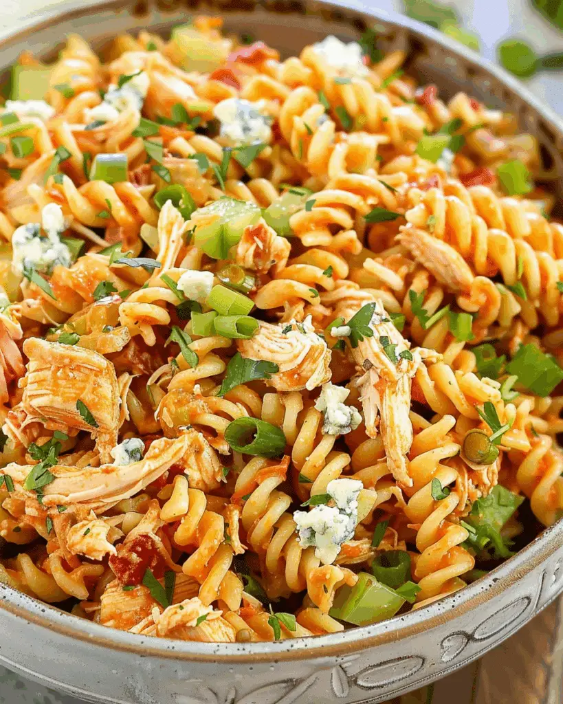 Healthy Buffalo Chicken Pasta Salad with Blue Cheese