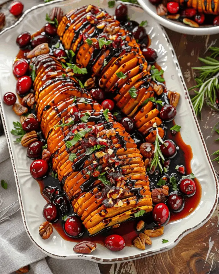 Hasselback Roasted Butternut Squash with Cranberry Pecan Balsamic Glaze