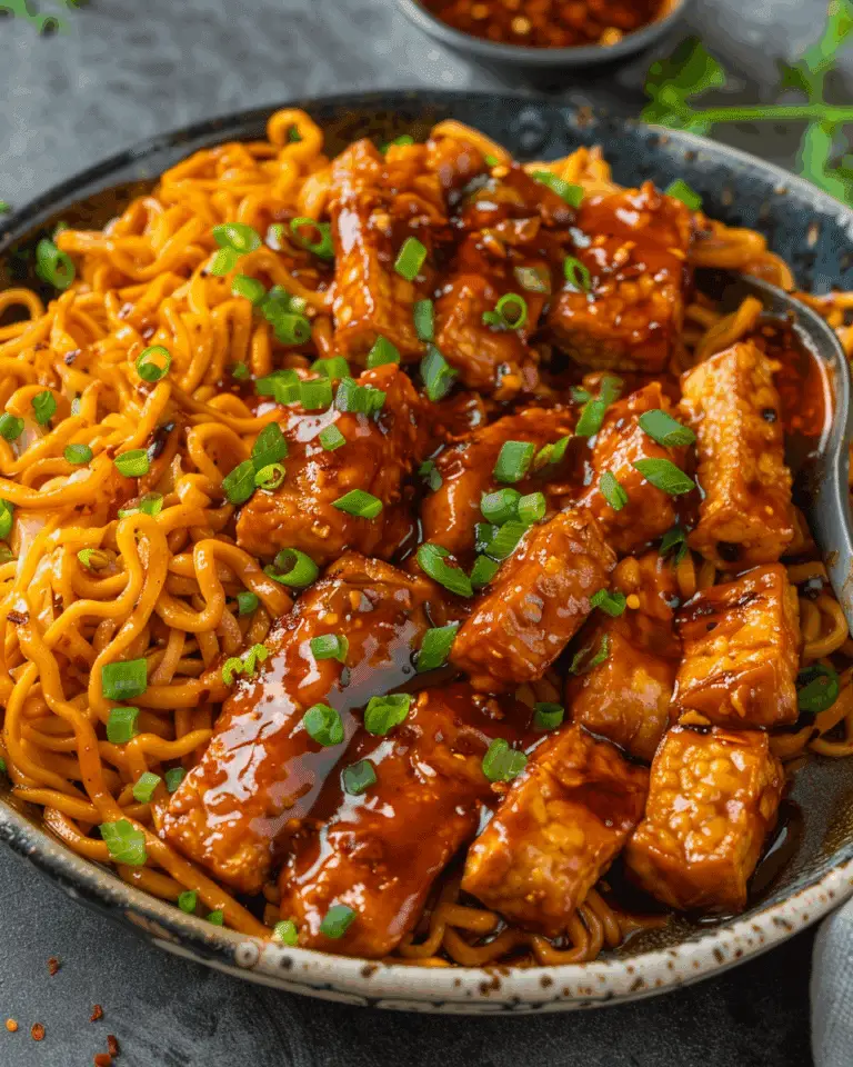 Sweet and Spicy Tempeh with Garlic Curry Noodles
