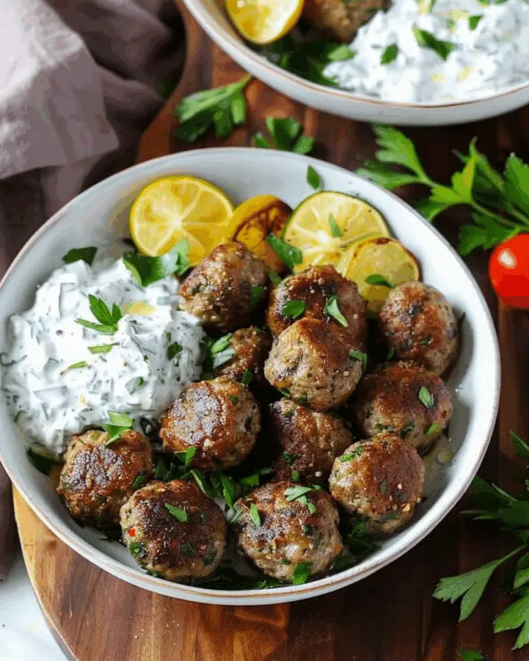 Baked Greek Meatballs with Tzatziki and Potatoes