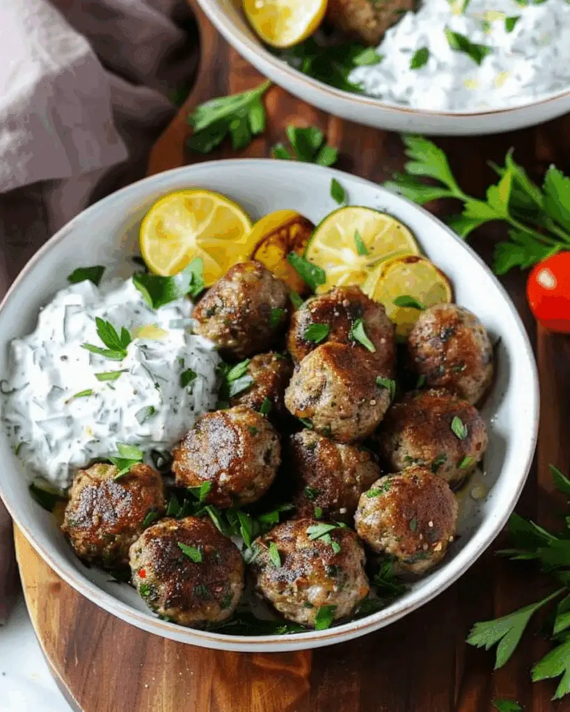 Baked Greek Meatballs with Tzatziki and Potatoes