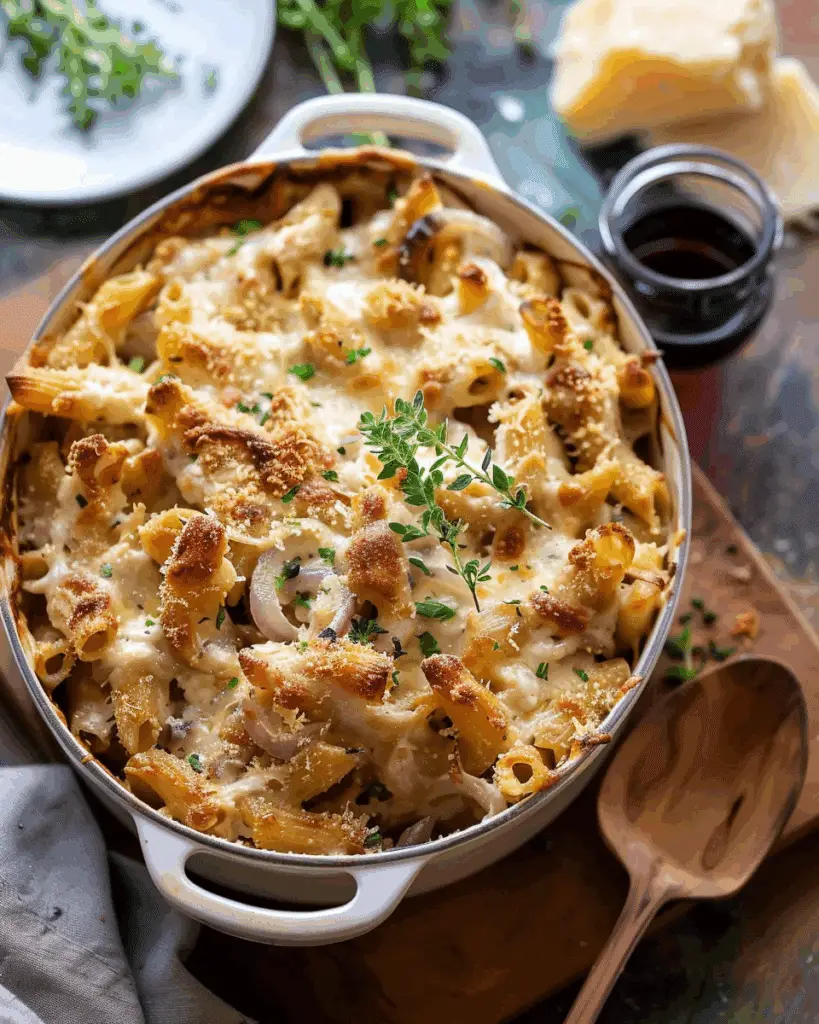 One Pot Creamy French Onion Pasta Bake