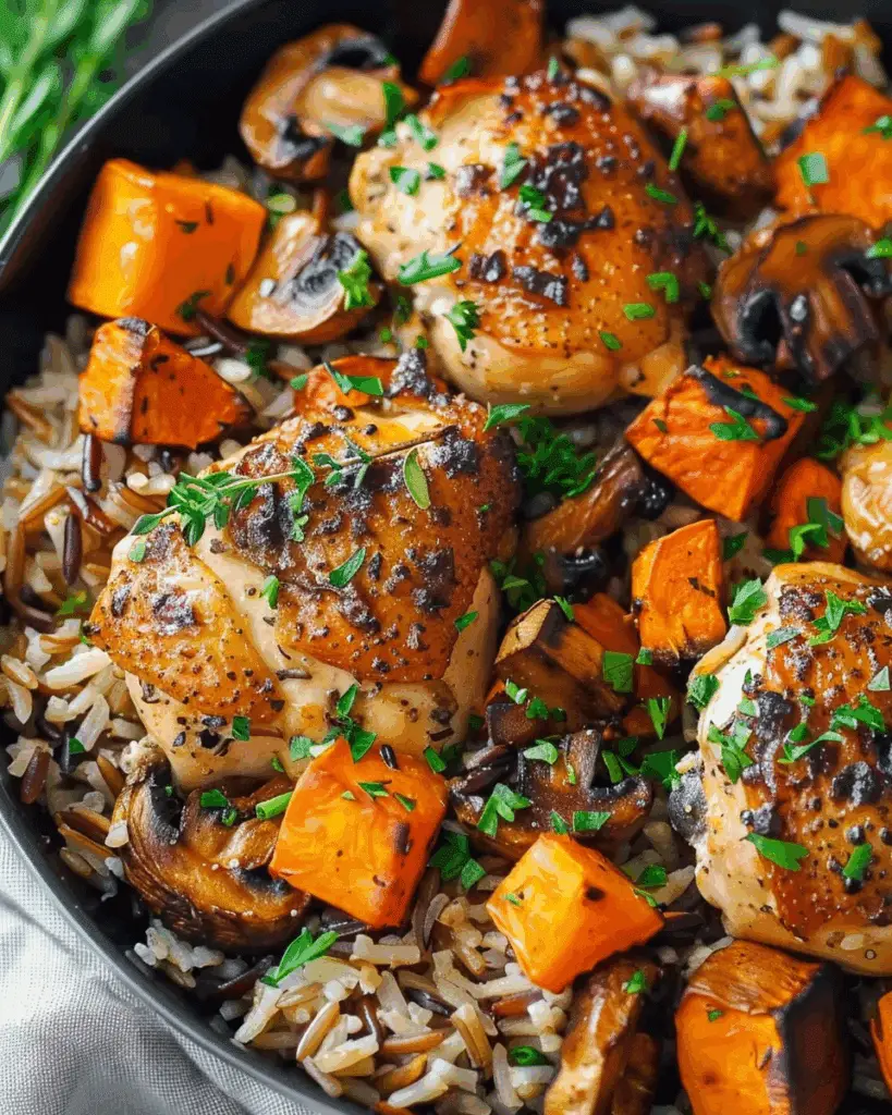 Chicken and Wild Rice with Roasted Sweet Potatoes and Mushrooms