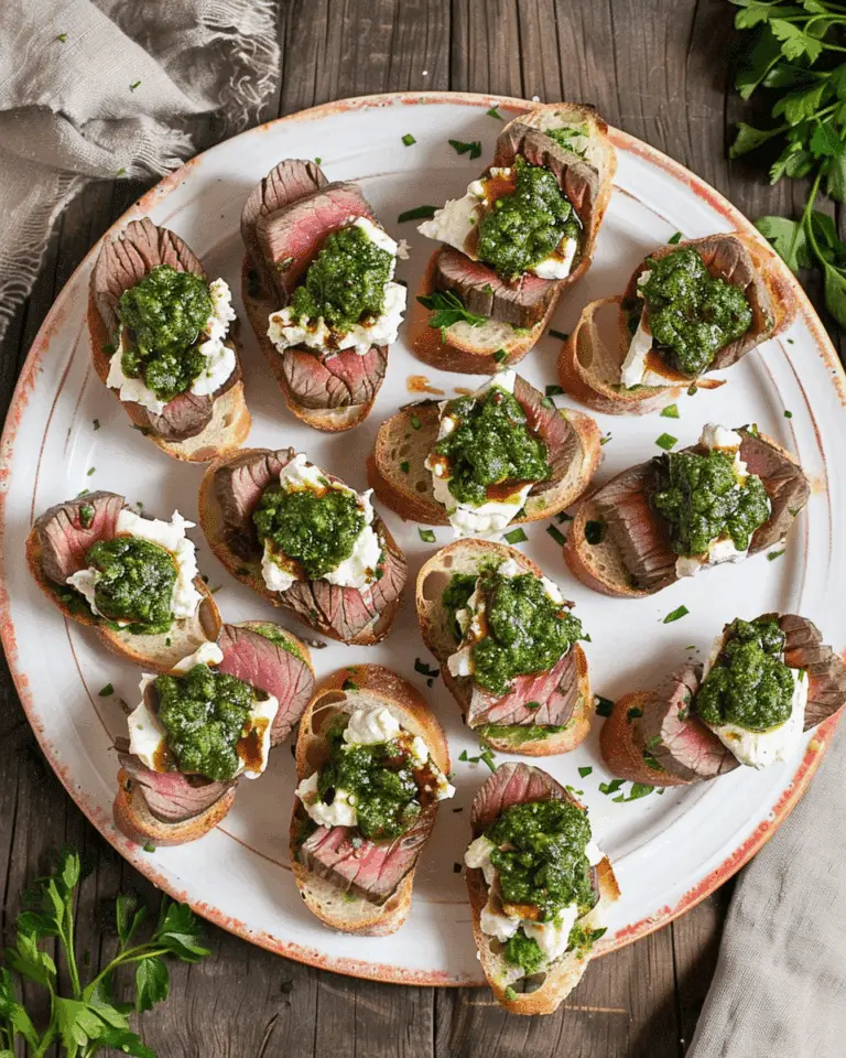 Beef Tenderloin Crostini with Whipped Goat Cheese and Pesto