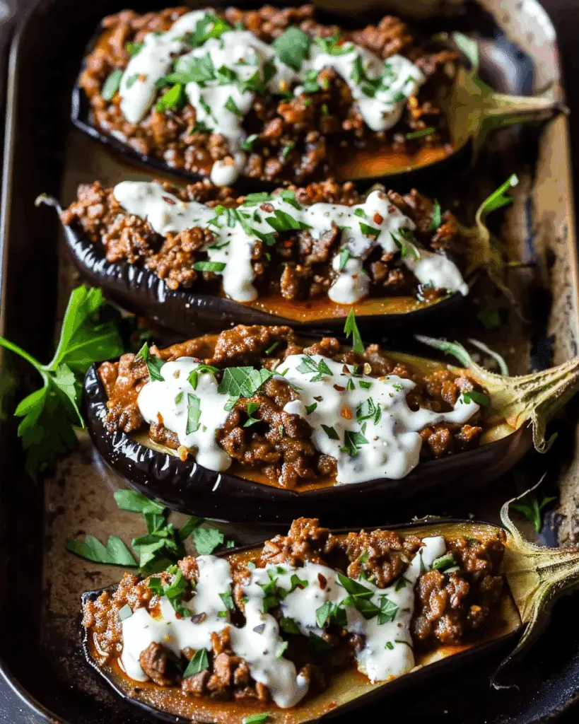 Harissa Beef Stuffed Eggplant