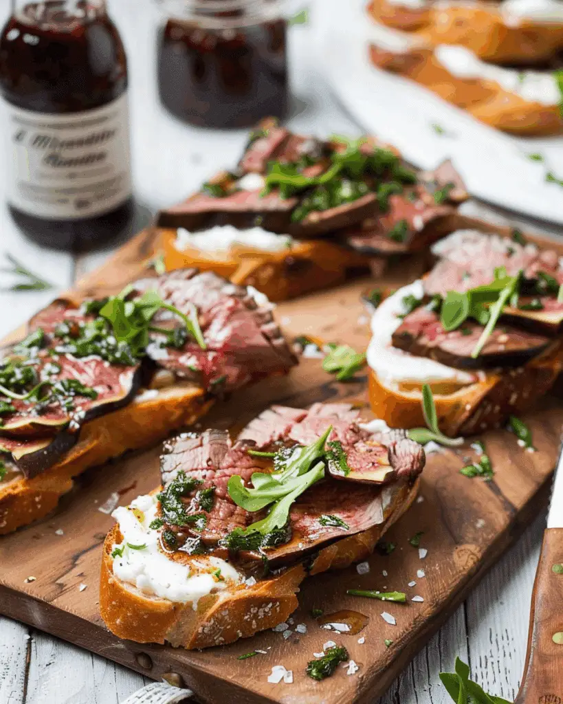 Roast Beef, Herb Cream Cheese, and Fig Jam Crostinis