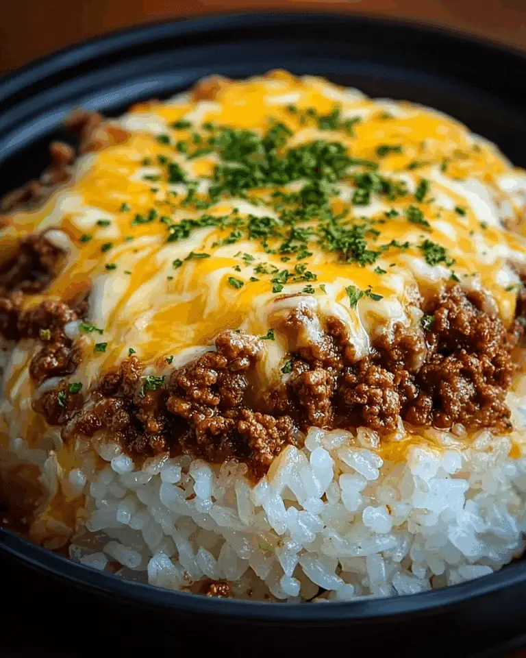 Garlic Butter Beef and Rice Skillet with Cheddar Parmesan Sauce