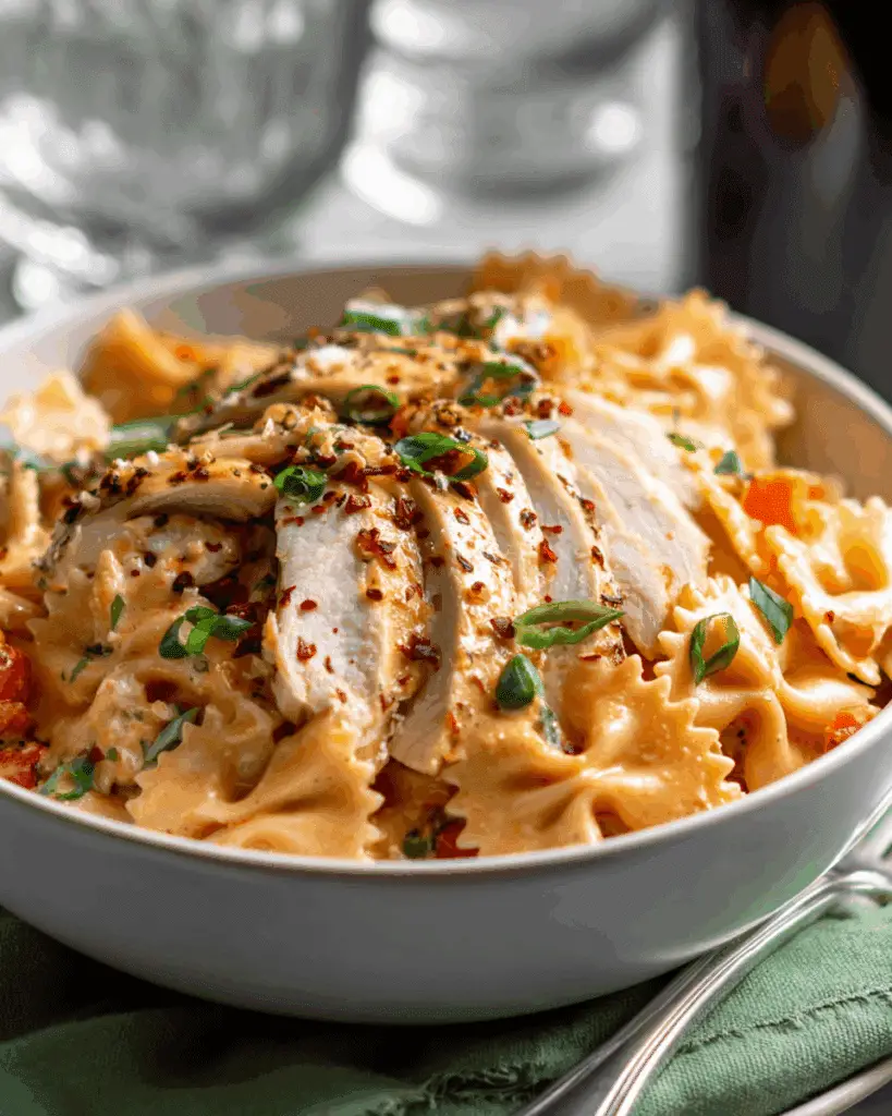 The Best Parmesan Roasted Red Pepper Chicken Bowties in Garlic Cream Recipe