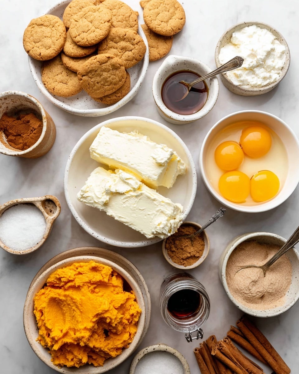 A round cheesecake with a light tan crust base, topped with a smooth creamy white layer swirled with orange sauce in a marbled pattern. Around the edge of the cheesecake, thick dollops of white whipped cream create a circle, each dollop drizzled with the same orange sauce. The cheesecake is placed on a white plate with a white marbled surface underneath. Surrounding the plate are light brown cookies scattered next to spice jars, cinnamon sticks, and a small white jug with a dark liquid inside. Photo taken with an iphone --ar 4:5 --v 7