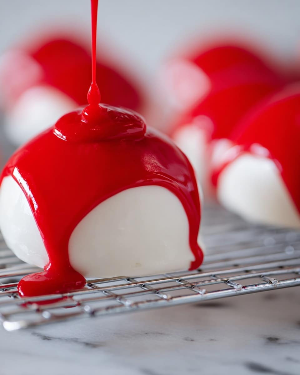 The image shows a round dessert sliced in half, placed on a white plate with a white marbled surface underneath. The dessert has three layers: the bottom layer is thick and crumbly with a golden-brown color and a rough texture, the middle layer is a smooth, bright red dome that is smaller than the other layers, and the top layer is a thick, smooth, white dome covering the red layer and extending to the edges of the bottom layer. Red sauce drips slightly over the edge of the dessert. The background is plain and softly out of focus, with hints of red shapes blurred in the distance. Photo taken with an iphone --ar 4:5 --v 7