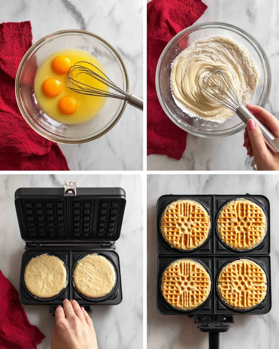 The image shows four steps of making waffle cookies on a white marbled surface with a red cloth in the background. The first step features a clear glass bowl with three bright yellow egg yolks inside, and a woman's hand holding a whisk poised to mix the yolks. The second step has the same bowl, now containing a pale beige batter with white flour swirled on top, and the woman's hand mixing the ingredients with the whisk. The third step shows a black waffle iron opened flat, with two light beige batter dollops placed on each circular mold that has a web-like pattern. The fourth step displays the waffle iron after cooking, revealing two golden-brown waffle cookies still in the molds, showing their textured web design clearly. Photo taken with an iphone --ar 4:5 --v 7