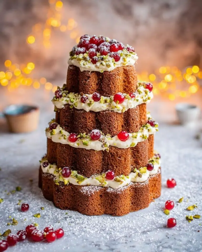 Pandoro Tree Cake with Mascarpone, Pistachios, White Chocolate, and Berries Recipe