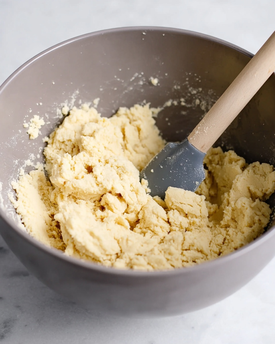 The image shows a close-up of a gray mixing bowl containing pale yellow dough with a crumbly texture. Inside the bowl, there is a spatula with a light wooden handle and a dark gray silicone head, partially embedded in the dough. The bowl is sitting on a white marbled surface, and the dough looks dense and slightly rough, not fully smooth, with scattered small lumps throughout. photo taken with an iphone --ar 4:5 --v 7