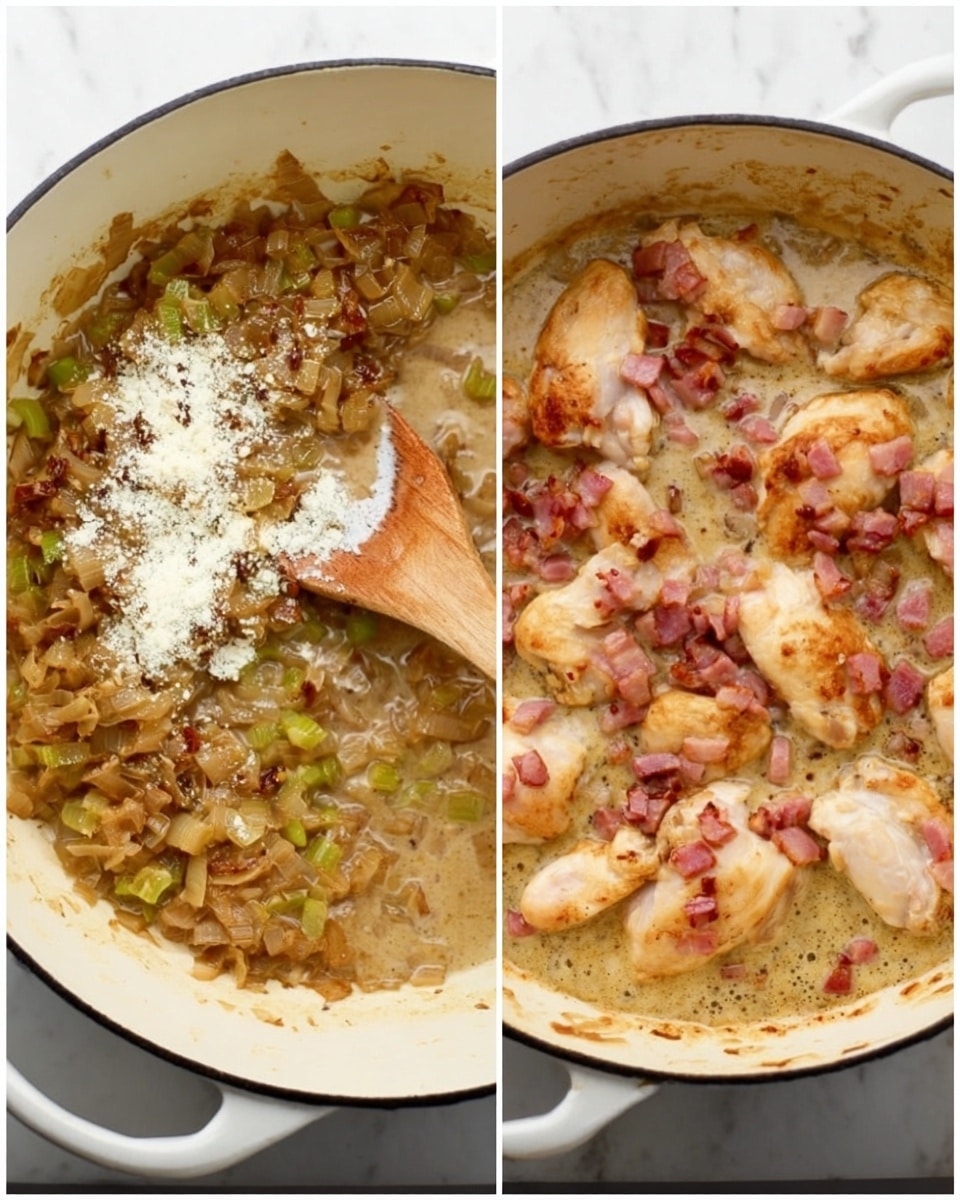 A large pan holds six pieces of cooked chicken with browned skin, floating in a creamy light yellow sauce. Around and between the chicken pieces, there are several thick slices of cooked yellow apple with soft edges. Small green sprigs of thyme scattered across the surface add a fresh touch. The pan has a dark outer edge and sits on a white marbled surface. Photo taken with an iphone --ar 4:5 --v 7
