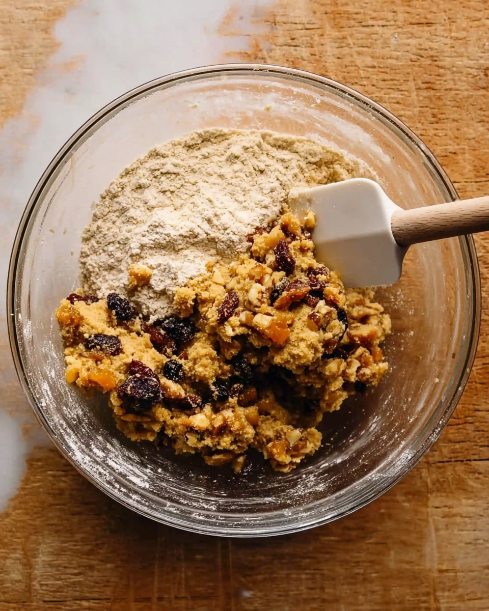 A close-up view of a thick slice of fruitcake placed on a white plate with green and red decorative edges. The cake has a golden-brown crust and is filled with colorful dried fruit pieces in orange, red, green, and dark brown hues evenly spread through the dense, moist crumb. The top layer is decorated with whole pecans adding texture and a rich brown color. The white marbled surface underneath softly contrasts with the plate, bringing focus to the detailed textures and vibrant colors of the cake. photo taken with an iphone --ar 4:5 --v 7