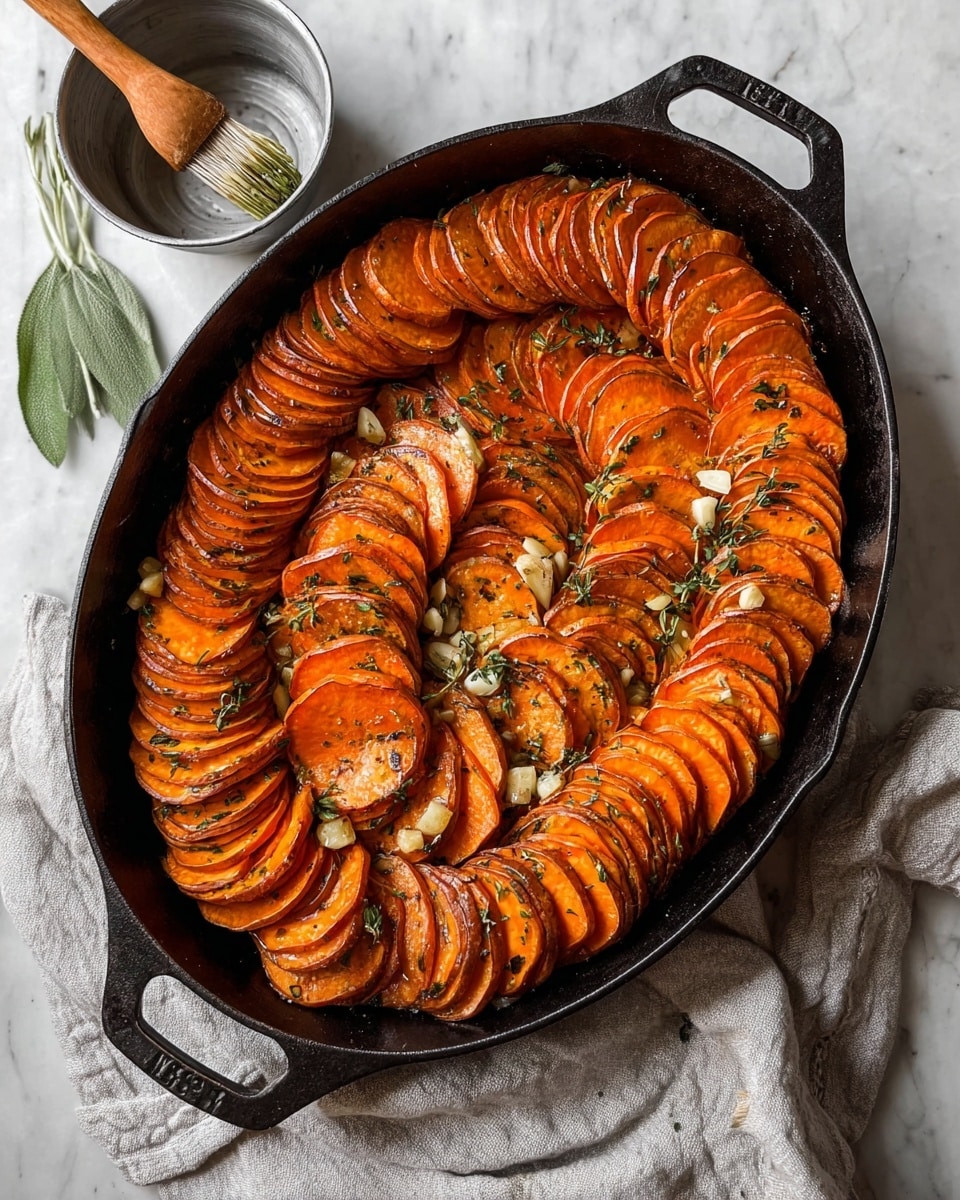 A collection of thinly sliced orange sweet potato rounds layered slightly overlapping on a white marbled surface, with a few whole and halved sweet potatoes around them. On the left side, there is a white mandoline slicer with a metal blade cutting one sweet potato. To the right of the slices is an old knife with a worn silver blade and a wooden handle resting on the white marbled surface. In the bottom right corner, there is a light gray fabric partially folded. The background is clear with a clean white marbled texture photo taken with an iphone --ar 4:5 --v 7