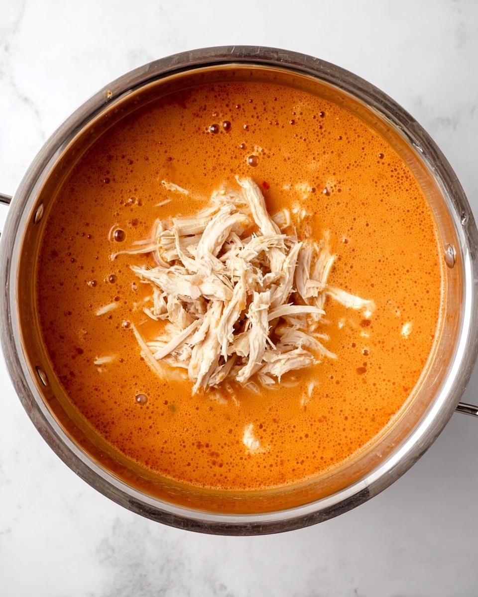 A large stainless steel pot filled with a thick orange soup that has a smooth texture with small bubbles on the surface, placed on a white marbled background. In the center of the soup, there is a pile of light beige shredded chicken pieces loosely arranged, adding texture contrast to the smooth soup beneath. Photo taken with an iphone --ar 4:5 --v 7