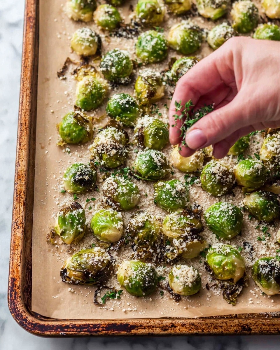 A baking tray lined with light brown parchment paper holds one layer of small, roasted green Brussels sprouts with some charred dark brown and black spots. A woman's hand is sprinkling fresh green herbs evenly over the Brussels sprouts, which are also lightly covered with a fine layer of white grated cheese or seasoning, adding texture across the dish. The scene rests on a white marbled surface, and the baking tray edges show a worn, slightly rusty look. photo taken with an iphone --ar 4:5 --v 7
