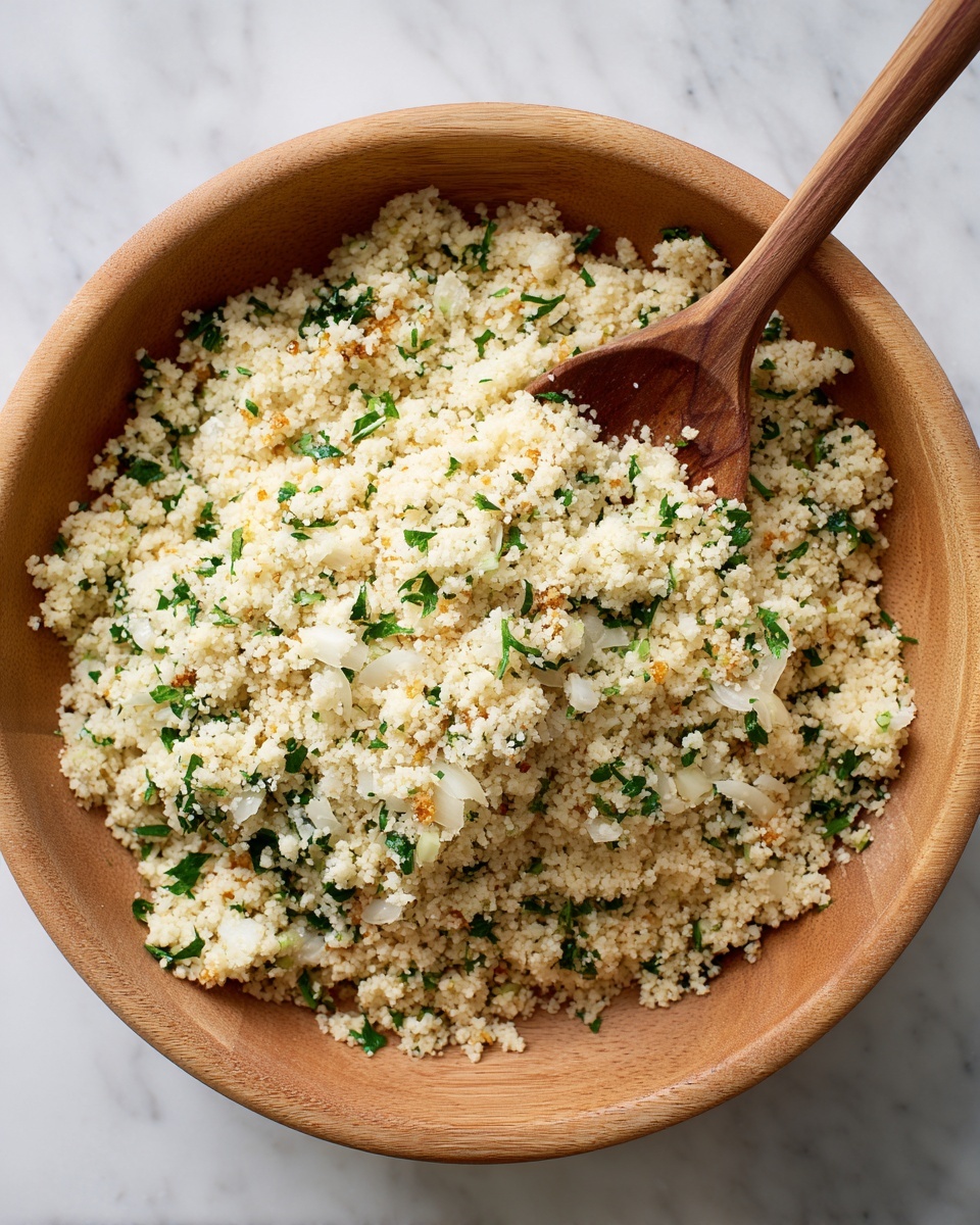 A light wooden bowl filled with a crumbly, grainy dish made of fine off-white couscous mixed with small pieces of white onion and scattered fresh green herbs, possibly parsley. There are also tiny golden-brown specks that add texture throughout. A smooth wooden spoon rests inside the bowl, blending slightly with the couscous mixture. The bowl sits on a white marbled surface, creating a clean and fresh look. photo taken with an iphone --ar 4:5 --v 7