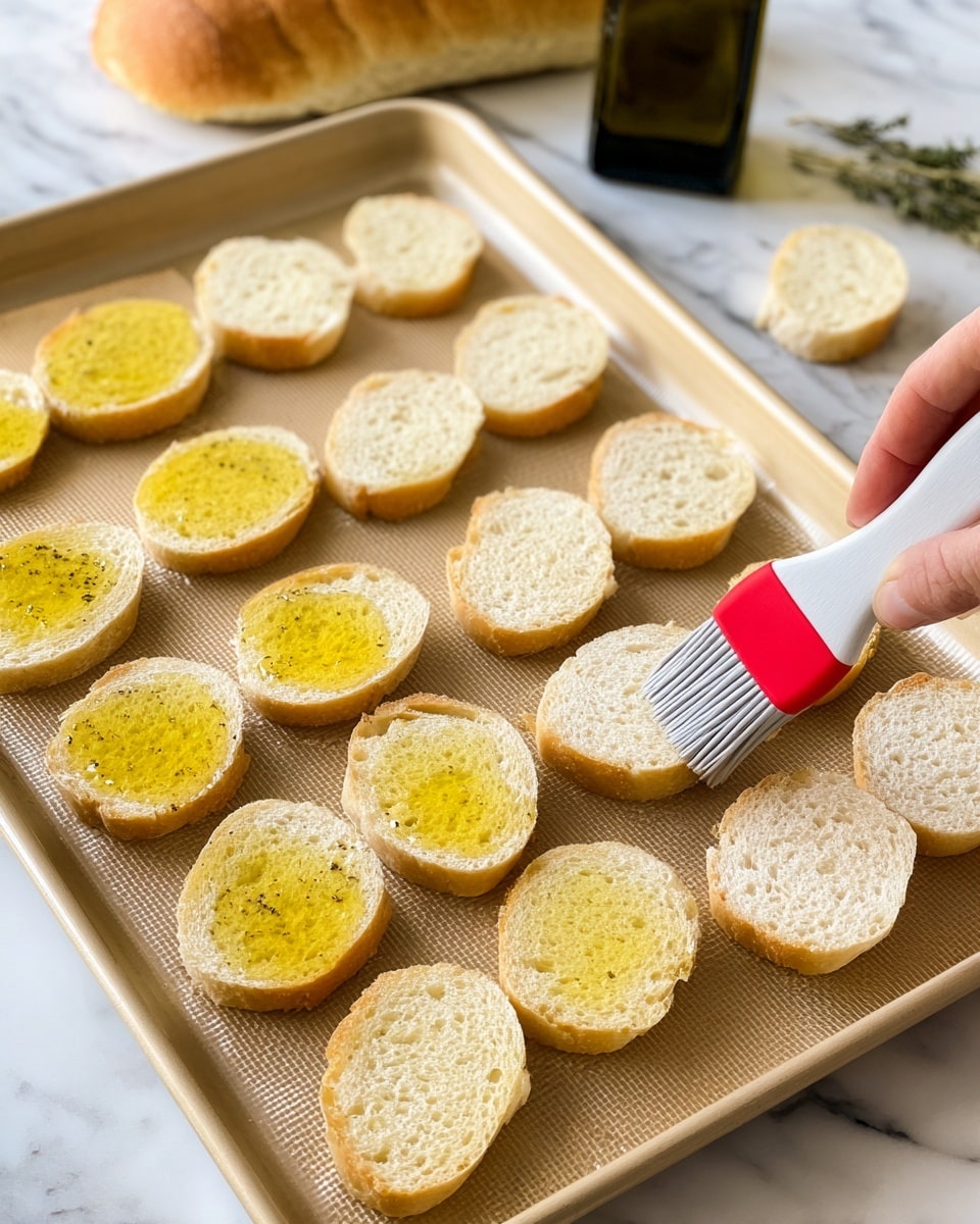 Slices of small round white bread are arranged in neat rows on a light tan baking sheet. The left side of the bread slices show a layer of shiny yellow olive oil brushed on top, giving a shiny, slightly wet look with a smooth texture, while the right side has plain plain white textured bread slices. In the lower right corner, a woman's hand holds a gray and white brush with a red bristle part, applying more olive oil on a bread slice. The background shows a loaf of bread and a dark bottle, all set against a white marbled surface. Photo taken with an iphone --ar 4:5 --v 7
