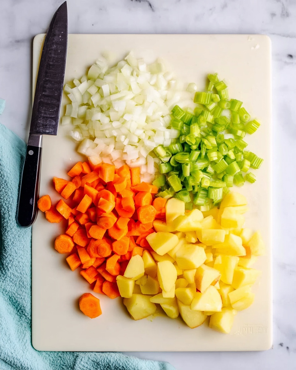 A black slow cooker filled with a soup made of several layers, starting with a clear brown broth base. Within the broth, there are chunks of light yellow potatoes, bright orange carrot pieces, green celery slices, and small pieces of browned meat evenly spread out. On top, there are a few sprigs of green thyme and two pale beige bay leaves arranged in the center. The slow cooker sits on a white marbled surface with a folded light green cloth to the left and a wooden spatula lying to the right. photo taken with an iphone --ar 4:5 --v 7