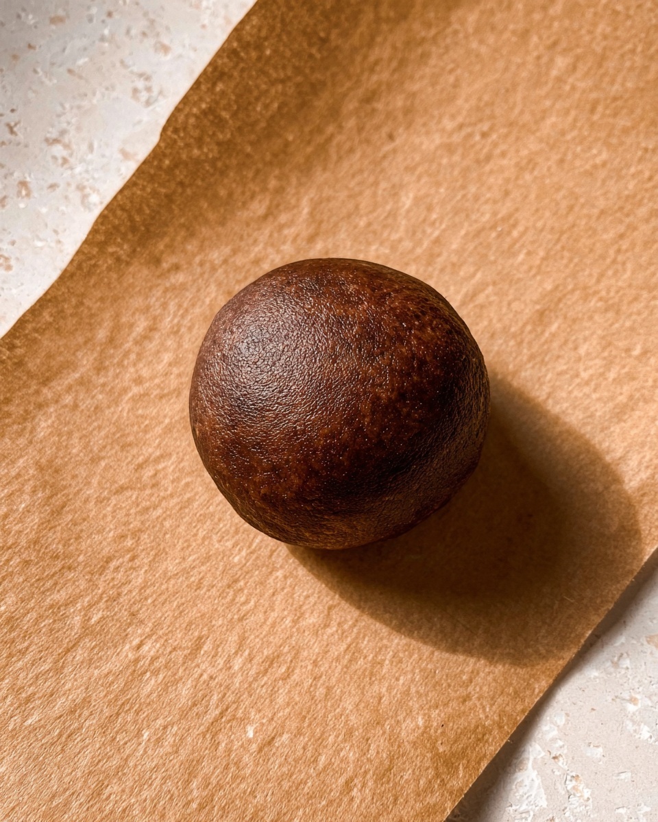 A single round ball of dark brown dough with a smooth, slightly shiny surface sits centered on a sheet of light brown parchment paper, which lies on a white marbled textured surface. The dough ball is uniform in color and texture, with subtle dimples showing its soft and pliable nature. There are no additional items or decorations around it. The lighting highlights the dough's gentle curves and texture, giving a natural and fresh look. photo taken with an iphone --ar 4:5 --v 7