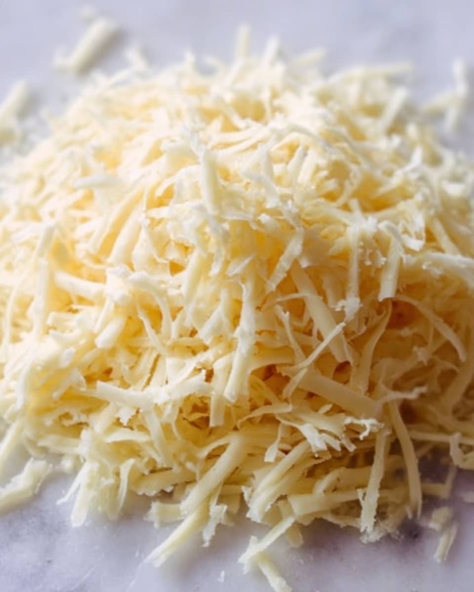 The image shows a close-up view of a small mound of shredded cheese on a white marbled surface. The cheese is pale yellow in color, with thin, soft, and slightly uneven strands piled loosely, creating a textured and fluffy appearance. The focus is tight on the cheese itself, highlighting the delicate layering of each strand as they overlap and scatter naturally. photo taken with an iphone --ar 4:5 --v 7