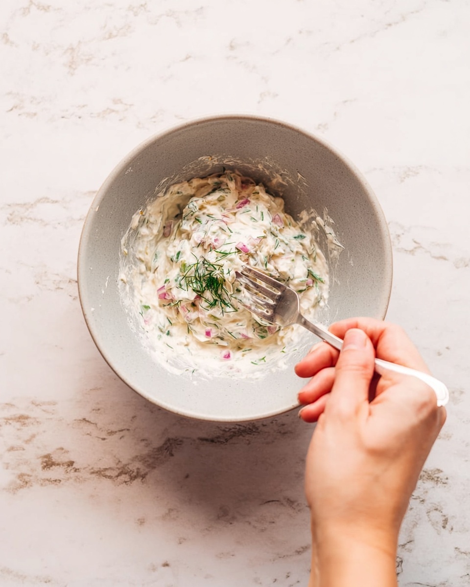 A woman's hand is holding a light grey bowl with a creamy white mixture inside that has small bits of green herbs and tiny pieces of pink onion spread throughout. Another woman's hand is using a fork to mix the creamy mixture, which has a soft and slightly chunky texture. The background shows a white marbled surface. photo taken with an iphone --ar 4:5 --v 7
