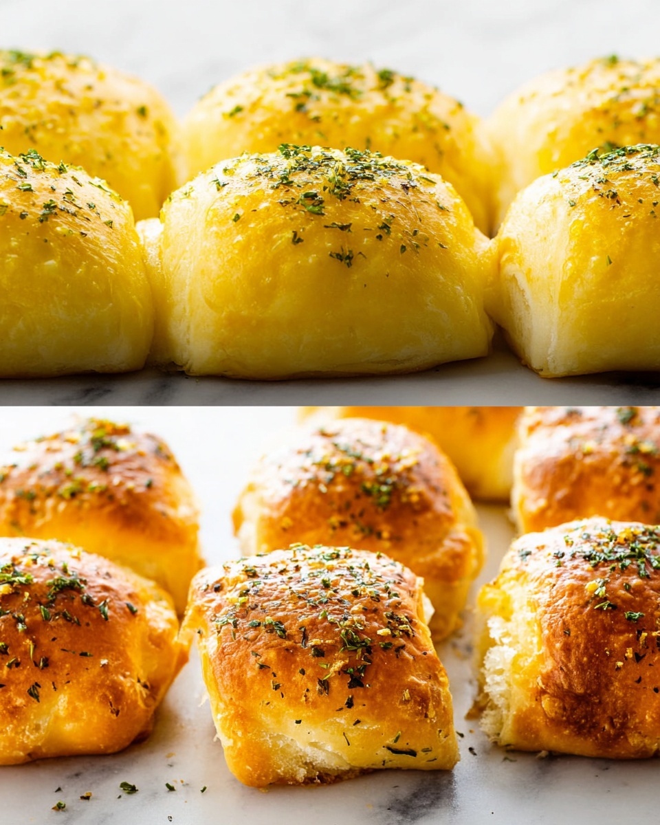 The image shows two views of golden brown baked rolls on a white marbled surface. The rolls in the left part of the image have a soft, smooth yellow top layer sprinkled with green herbs and black pepper, resting on a white base layer, arranged closely. On the right side, five rolls with a shiny, crispy golden brown crust topped with green herbs are scattered loosely. The texture looks flaky and slightly puffed. Photo taken with an iphone --ar 4:5 --v 7