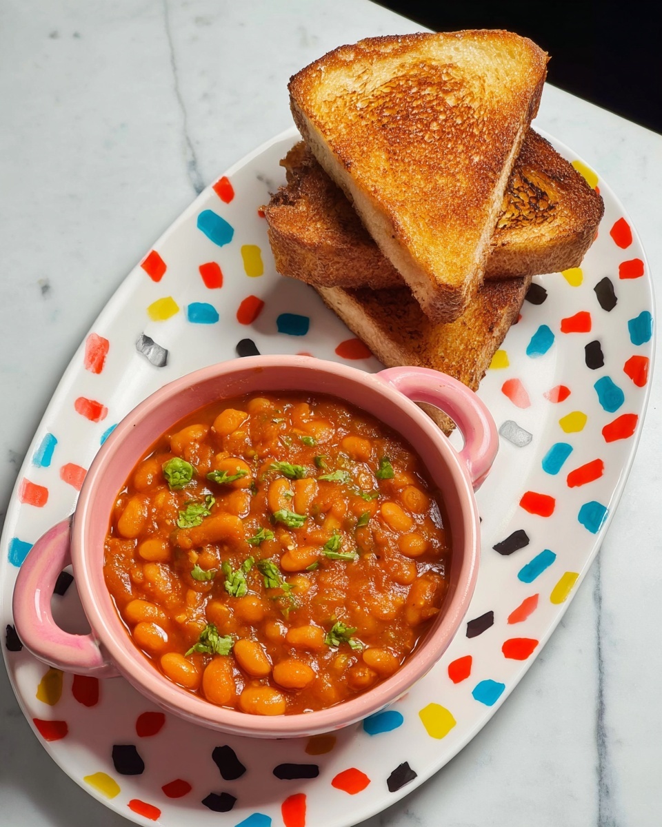 A pink bowl with two handles contains a thick stew of orange beans cooked in a rich tomato sauce, garnished with small green herb pieces scattered on top; beside it, on a white plate decorated with colorful sprinkles in red, yellow, blue, black, and orange, are three triangular slices of toasted bread, golden brown with slightly crispy edges, arranged in a stacked manner; the entire setting is on a white marbled surface. photo taken with an iphone --ar 4:5 --v 7
