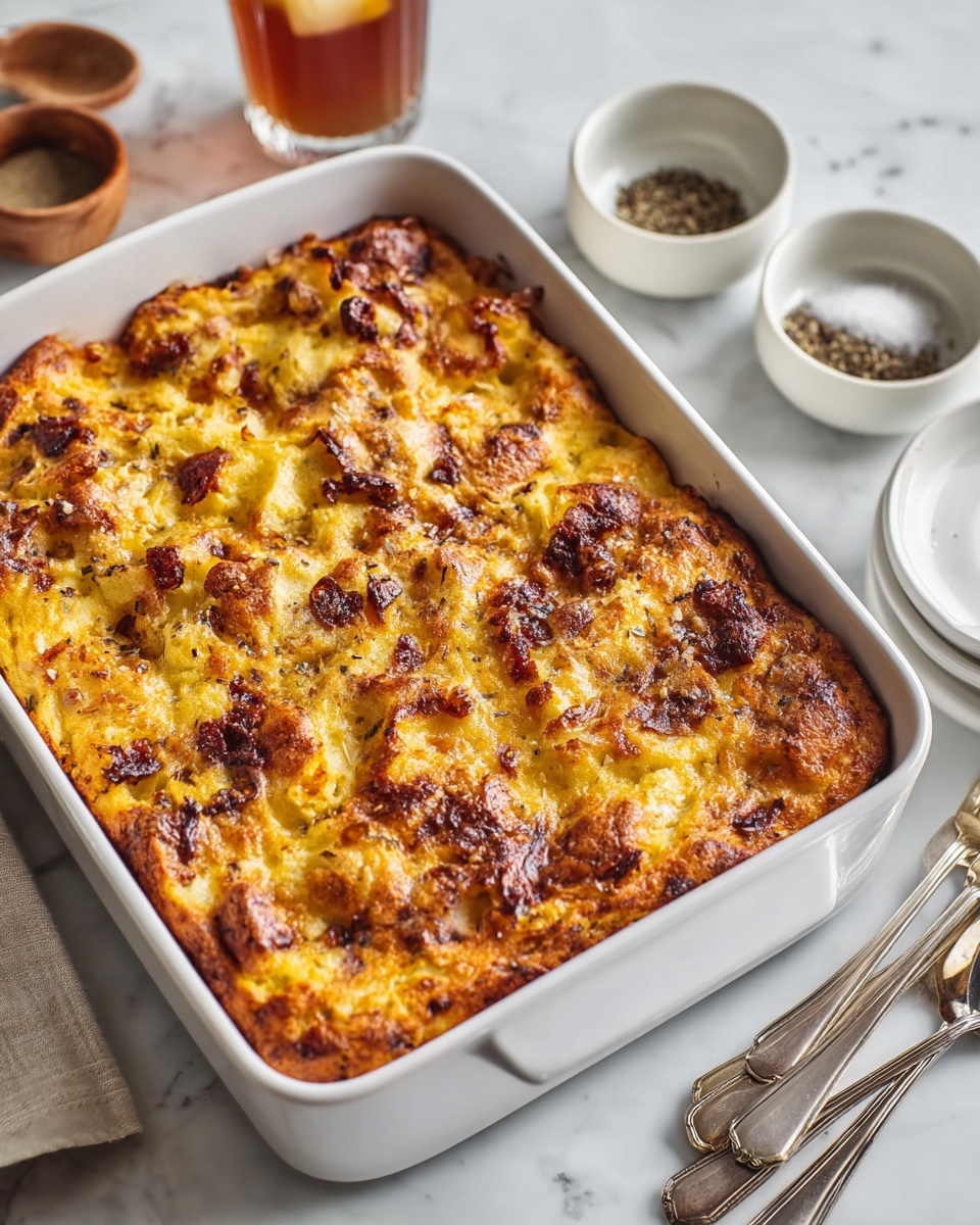 A square piece of baked casserole sits centered on a white plate with a slightly raised edge. The dish shows three distinct layers: the bottom layer is a thick, crumbly cooked ground meat in brown, the middle layer is creamy and light-colored, likely a cheesy or egg base with soft texture, and the top layer is a golden-yellow melted cheese with bubbly, browned spots giving it a slightly crispy look. Small green herb leaves are scattered on top and around the plate as garnish. A gold fork lies to the right of the piece on the plate. The background is softly blurred but includes hints of green herbs and kitchen items on a white marbled surface. Photo taken with an iphone --ar 4:5 --v 7