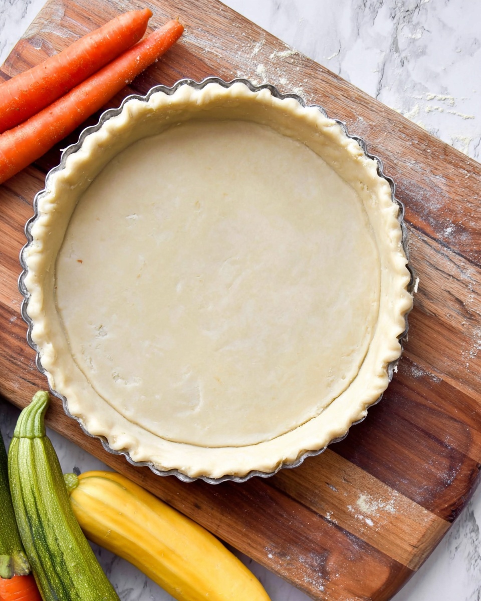 A round tart with a golden brown crust forms the base, topped with a layer of thick, orange-brown filling that looks smooth and creamy, and some scattered small shreds of pale cheese on top. At the center, thin, long vegetable strips in green, yellow, and orange are carefully rolled into a rose shape with multiple visible layers, starting with the yellow outer ribbons, then green and orange spiraled tightly inward. The tart sits in a white fluted baking pan on a white marbled surface with a blurred wooden cutting board and a glass bowl in the background. Photo taken with an iphone --ar 4:5 --v 7
