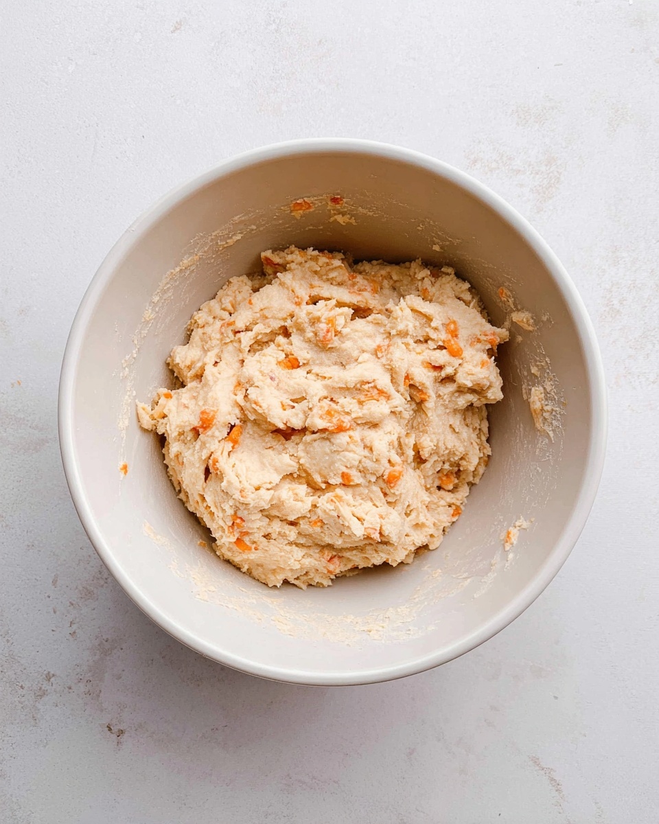 A single white bowl is centered on a white marbled surface, filled with a rough dough mixture that has a pale beige color with small orange bits spread throughout. The dough looks soft but thick, with a slightly crumbly texture and uneven surface. The bowl's inner sides show some dough sticking lightly around the edges. The lighting is bright and natural, highlighting the dough's uneven shapes and scattered colored bits. photo taken with an iphone --ar 4:5 --v 7