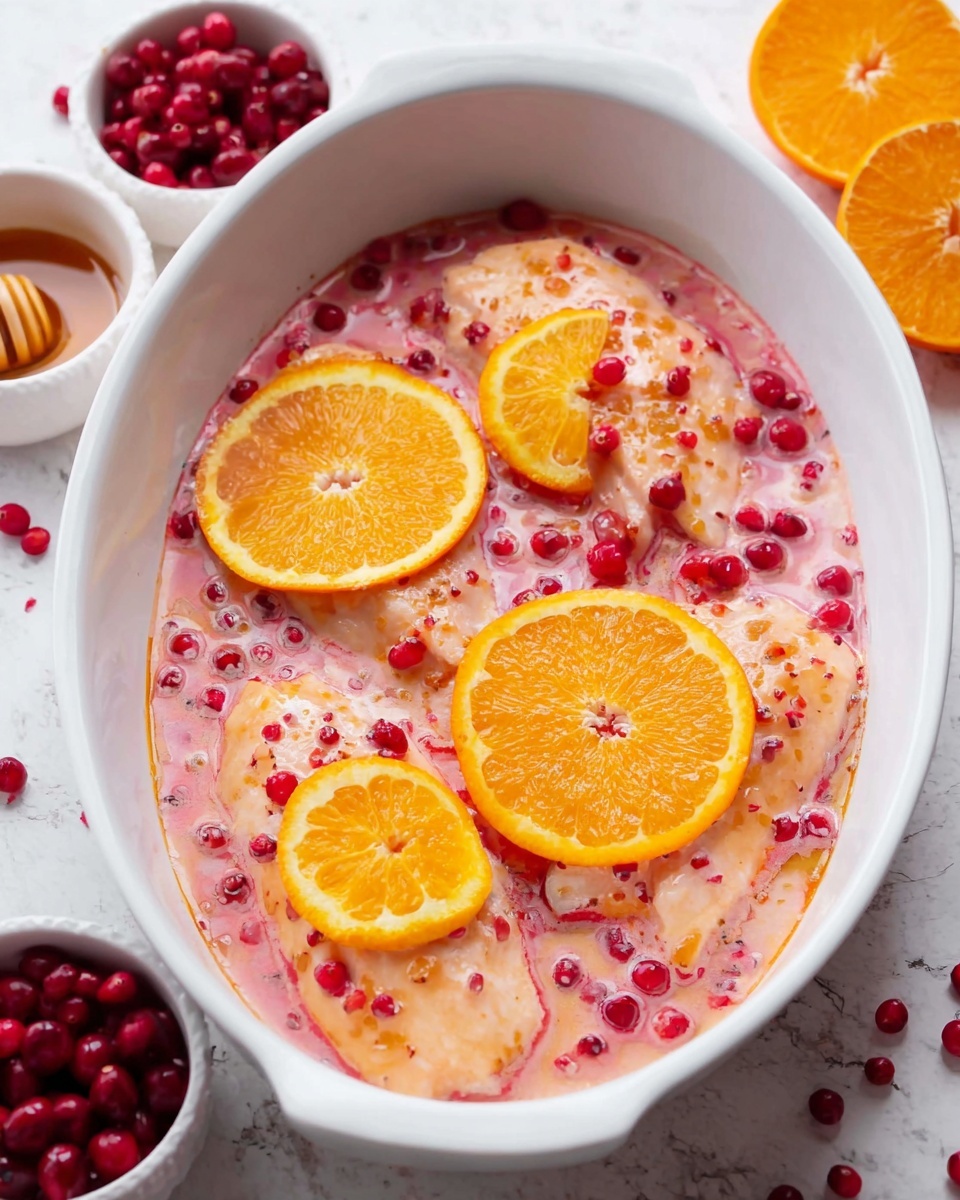 A white oval dish holds four browned roasted chicken thighs with a shiny glaze and slight dark spots on top. Around and partially under the chicken thighs are bright orange orange slices and small round red berries scattered throughout. The dish is filled with a light golden sauce that adds a glossy look to the chicken and fruits. The background shows a white marbled texture with some parts of a wooden board and extra orange slices placed near the dish. Photo taken with an iphone --ar 4:5 --v 7