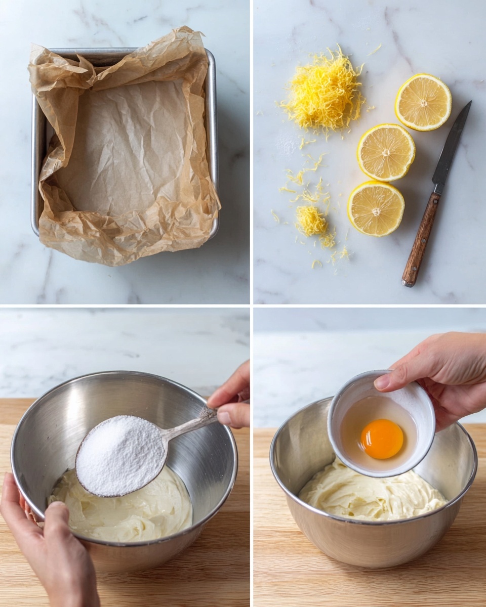 The image shows four steps of making a loaf cake in a collage. The first part shows a woman's hand pouring light beige, smooth batter from a metal bowl into a rectangular baking pan lined with parchment paper. The second part reveals the baking pan filled evenly with the batter, smooth and spread out, still with parchment paper sticking up on all sides. The third and fourth parts show the baked cake still in the pan on a cooling rack; the top is golden brown with a slightly rough texture and uneven edges, appearing thick and risen, with the parchment paper gently crinkled around it. The surface below is a light wooden texture and the background is a white marbled texture. photo taken with an iphone --ar 4:5 --v 7
