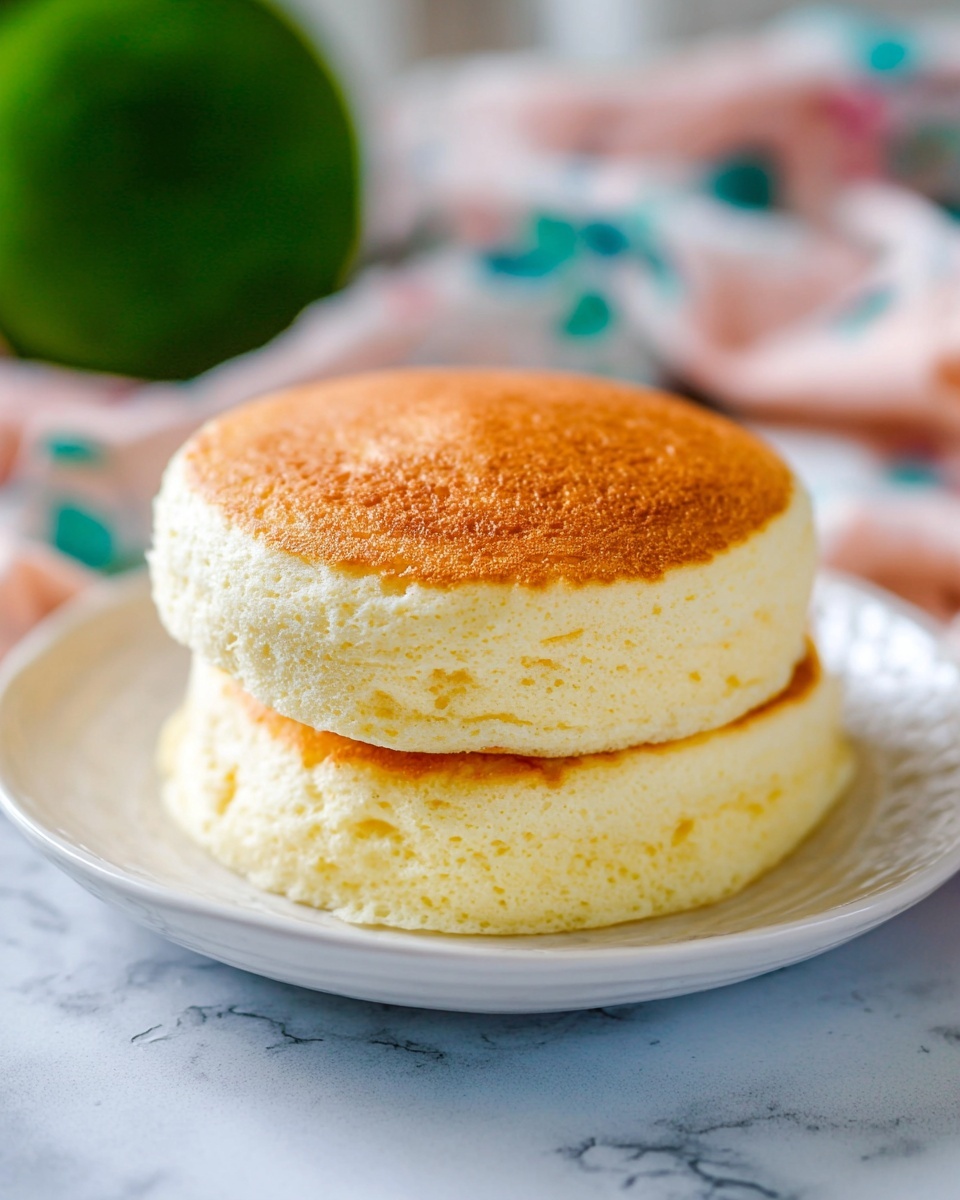 Two thick, fluffy pancakes are stacked on a white plate, each pancake showing a light golden brown top with a soft, spongy white side texture. The pancakes look airy and slightly uneven around the edges, emphasizing their softness. The plate sits on a white marbled surface with a blurred colorful cloth and green round shape in the background. photo taken with an iphone --ar 4:5 --v 7