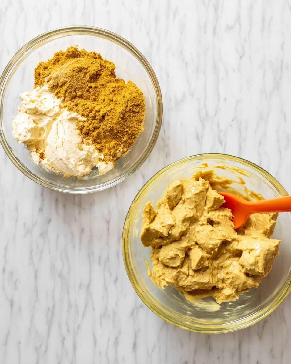 The image shows two glass mixing bowls placed side by side on a white marbled surface. The left bowl has three separate layers: a pile of golden-brown powder spices on top, a creamy white layer beneath the spices, and a small mound of light yellow mashed ginger and garlic on the side with an orange spoon resting beside them. The right bowl contains bite-sized pieces of light yellow chicken marinated and covered evenly with the creamy spice mixture, giving it a textured, thick coating. The photo taken with an iphone --ar 4:5 --v 7