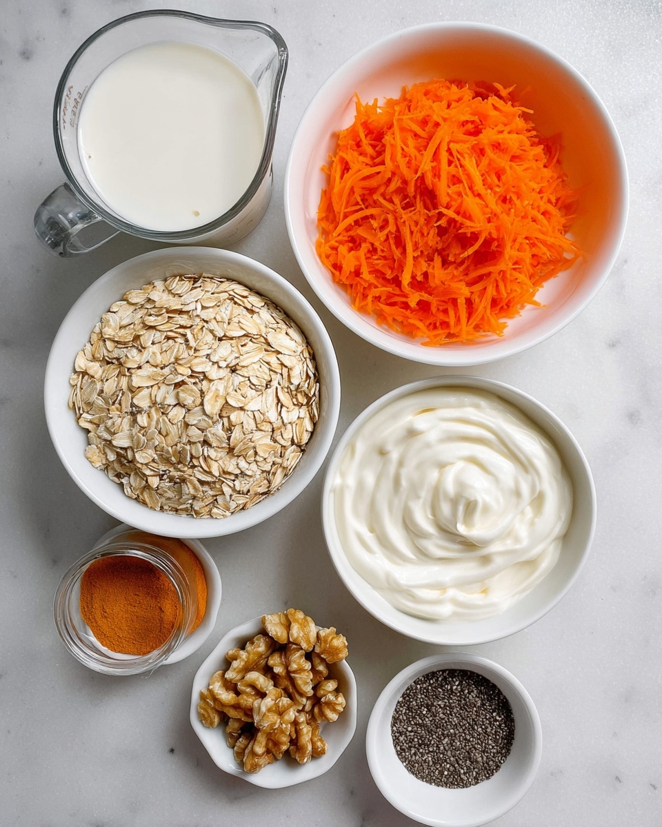 A top-down view of a collection of ingredients on a white marbled surface, including a clear glass measuring cup of white milk on the upper left, a large white bowl filled with light beige rolled oats to the upper right, a medium white bowl holding bright orange shredded carrots on the left center, a medium gray bowl with smooth, thick white yogurt on the right center, a small white bowl containing a mix of light brown walnut pieces below the carrots, and two small white bowls at the bottom with ground brown cinnamon on the left and black and white chia seeds on the right. photo taken with an iphone --ar 4:5 --v 7