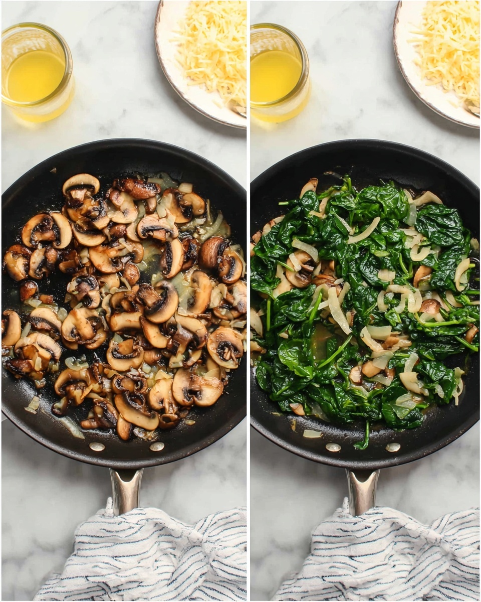 The image shows two side-by-side black pans on a white marbled surface with a blue and white cloth nearby. The left pan contains a single layer of cooked light brown mushroom slices mixed with small pieces of translucent onions. The right pan displays two layers: a base layer of bright green cooked spinach leaves with a shiny texture, topped by a layer of cooked light brown mushroom slices and translucent onions mixed in. At the top edge of the image, there is a small glass bowl of shredded pale yellow cheese and a measuring cup with a light yellow liquid. Photo taken with an iphone --ar 4:5 --v 7