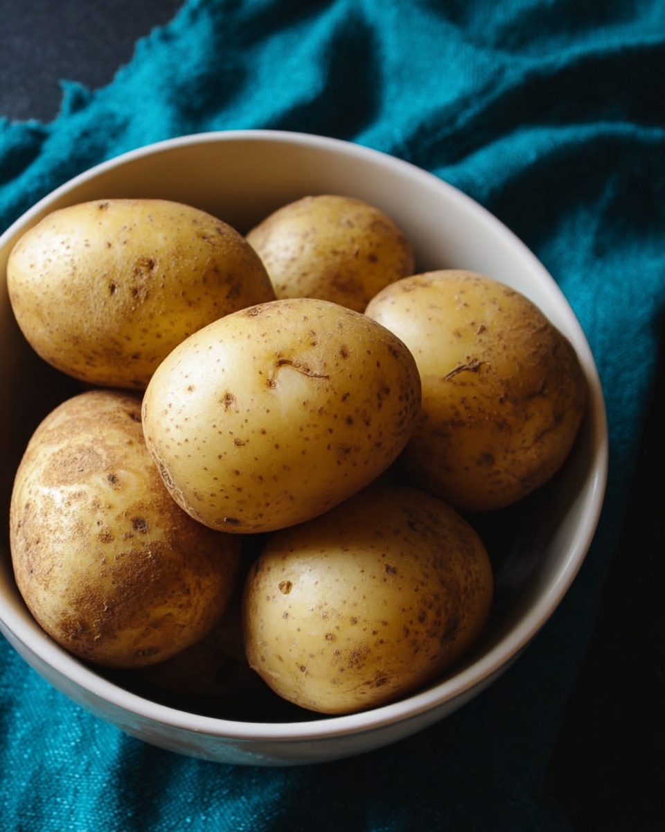 A white bowl filled with several raw yellow potatoes with brown spots and rough texture. The bowl sits on a turquoise fabric, and the background is dark, making the potatoes the main focus. The potatoes are smooth with eyes and small marks all over. The scene has natural lighting highlighting the round shapes and textures of the potatoes photo taken with an iphone --ar 4:5 --v 7