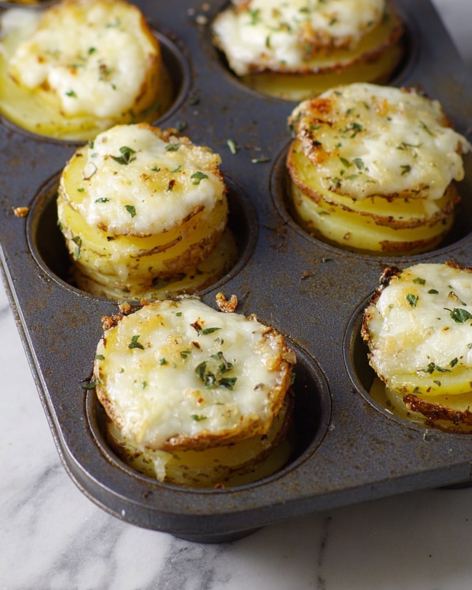 The image shows a close-up of a dark metal cupcake tray containing several round stacks of thinly sliced yellow potatoes. Each stack is topped with a melted layer of creamy white cheese sprinkled with small green herb pieces and tiny brown seasoning bits. The potato layers beneath are visible, showing a soft texture with slightly crispy edges where cheese has browned and bubbled. The tray rests on a white marbled surface, emphasizing the golden and green colors of the food. Photo taken with an iphone --ar 4:5 --v 7
