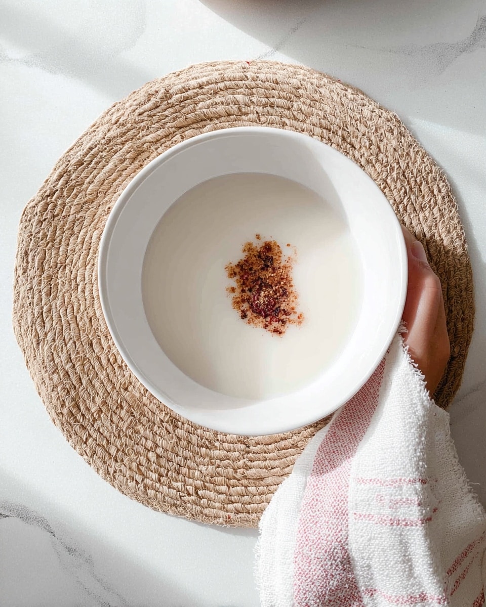 A close-up of a pink ceramic cup filled with a creamy drink that has a light brown speckled surface. Above the cup, a wooden honey dipper is held by a woman's hand, dripping golden honey into the drink. The cup is placed on a woven mat on a white marbled surface. Nearby, there is a white textured cloth and a cinnamon stick, all softly lit. Photo taken with an iphone --ar 4:5 --v 7