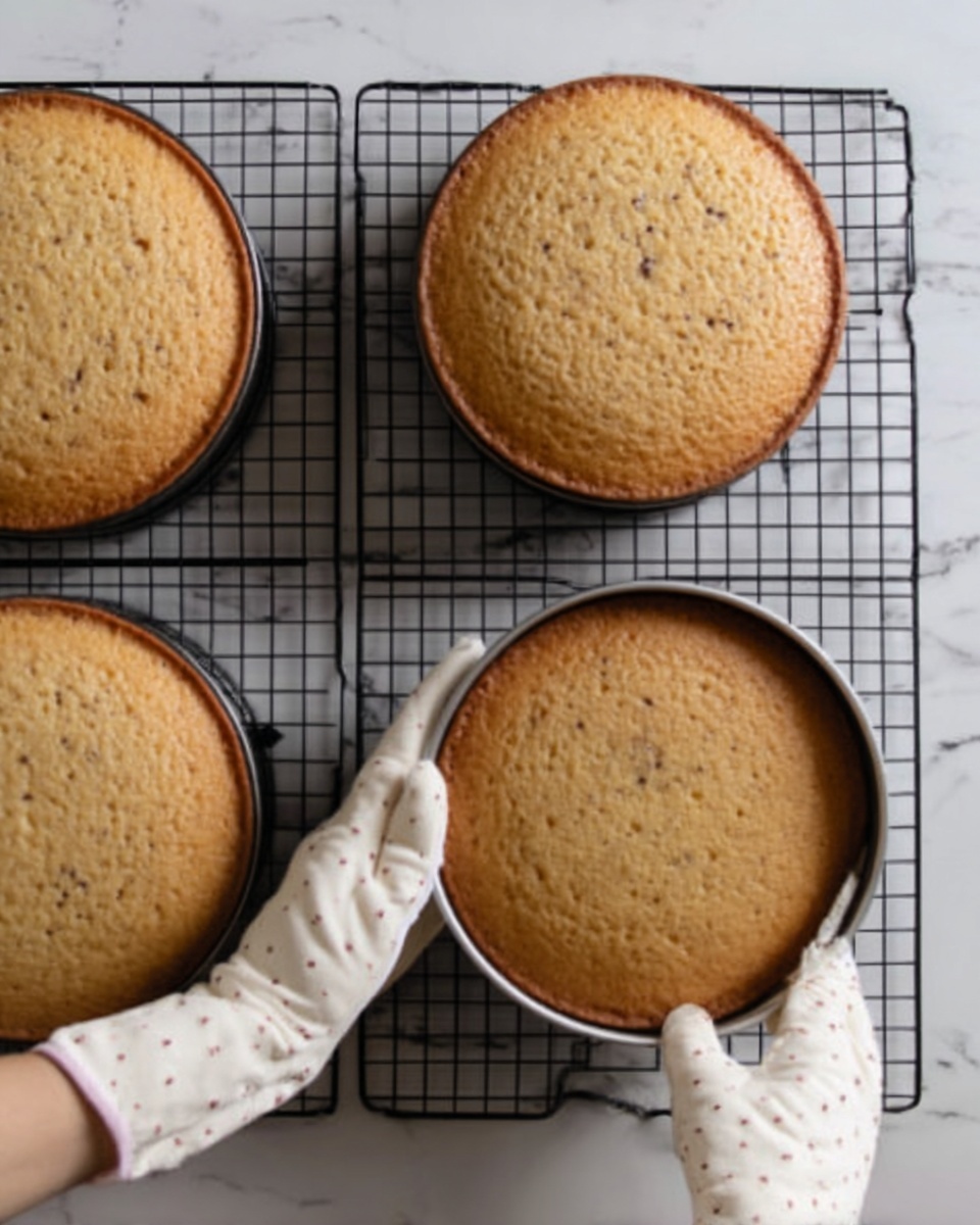 The image shows three round baked cakes placed on black wire cooling racks. Each cake is golden brown with a slightly uneven surface texture, showing the baked grain and small air bubbles. The cakes sit on a white marbled surface. Two hands wearing white oven mitts with a quilted pattern and small dots are lifting the middle cake by its metal pan. The scene has a clean and simple look. Photo taken with an iphone --ar 4:5 --v 7