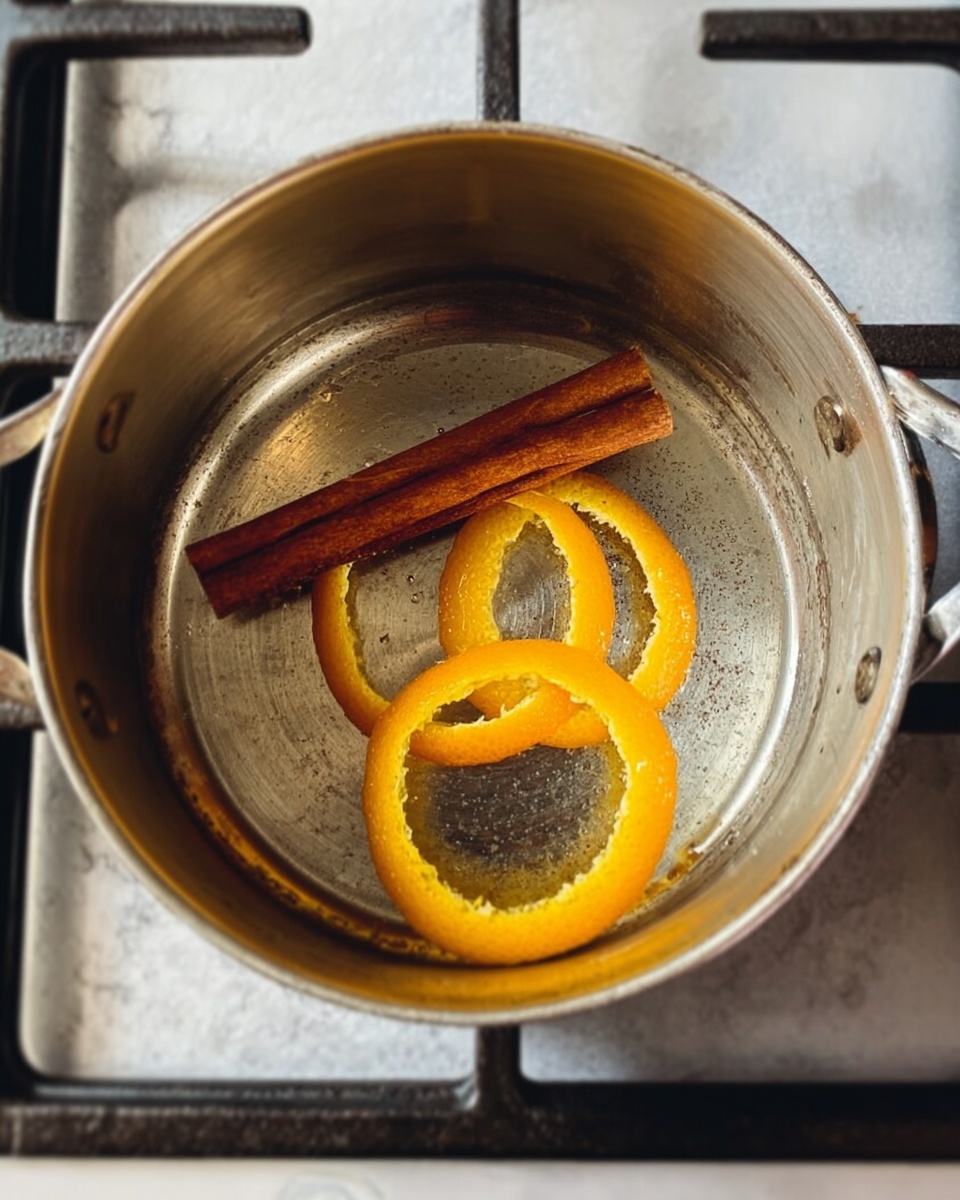 A close-up view of a clear glass cup filled with a light brown creamy drink topped with a thick layer of white foam sprinkled with small brown powder bits, likely cinnamon. On the left side of the cup’s rim, there is a bright orange slice placed partially inside the foam. Below the cup, a white saucer holds two cinnamon sticks lying horizontally, with the whole set placed on a dark surface that is replaced with a white marbled texture. photo taken with an iphone --ar 4:5 --v 7
