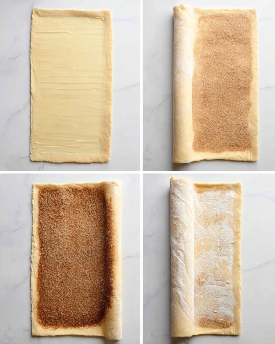 The image shows four steps of preparing a rolled pastry on a white marbled surface. The first step shows a flat, rectangular dough layer with a smooth, pale yellow texture. The second step shows the same dough with a thin, shiny layer of butter spread evenly on top. In the third step, a fine brown cinnamon sugar mixture is spread evenly over the buttered dough, giving it a grainy texture and warm color. The final step shows the dough being rolled from the bottom edge upward, forming a thick, pale roll with the cinnamon sugar layer visible inside. Photo taken with an iphone --ar 4:5 --v 7