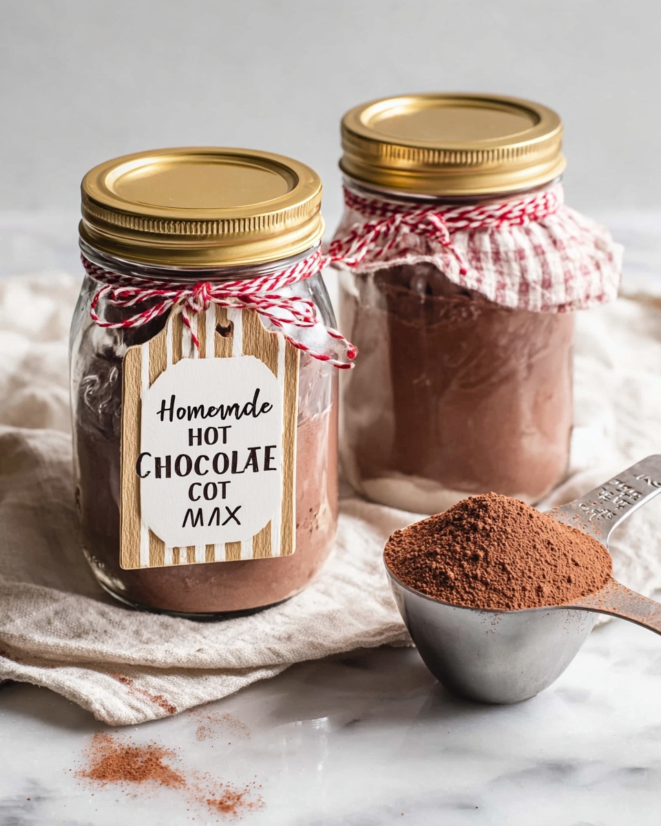 The image shows two glass jars filled with a brown powder, each jar topped with a gold lid and tied with red and white string. One jar has a white and brown striped tag attached with the string, handwritten with