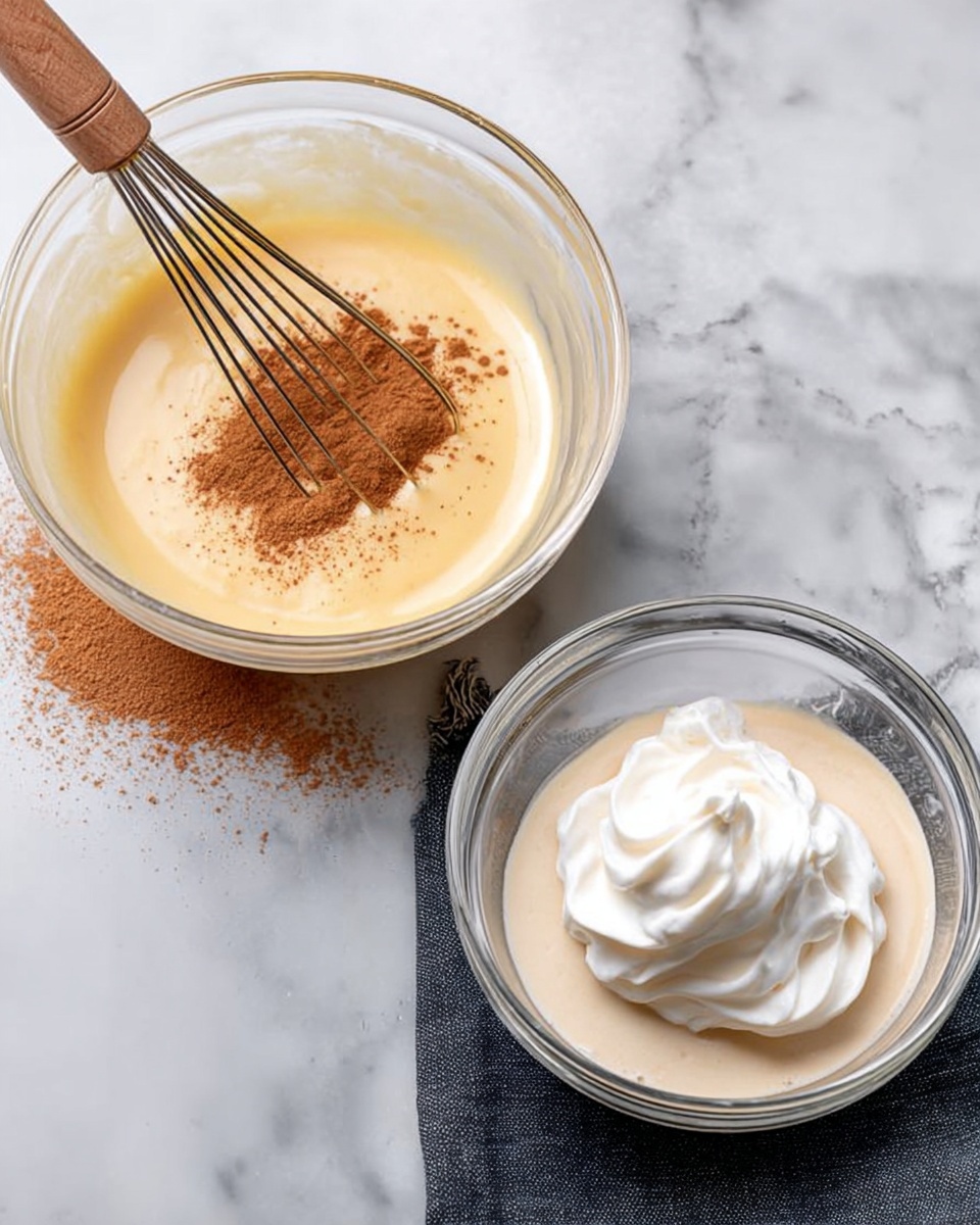 The image shows two clear glass bowls on a white marbled surface, each with a dark cloth underneath. The left bowl contains a smooth pale yellow mixture with a wooden whisk resting inside, and a powder of cinnamon falling into the bowl from above. The right bowl has a light beige liquid base topped with a large dollop of thick white cream placed in the center, creating a contrast between the creamy and smooth textures. Photo taken with an iphone --ar 4:5 --v 7