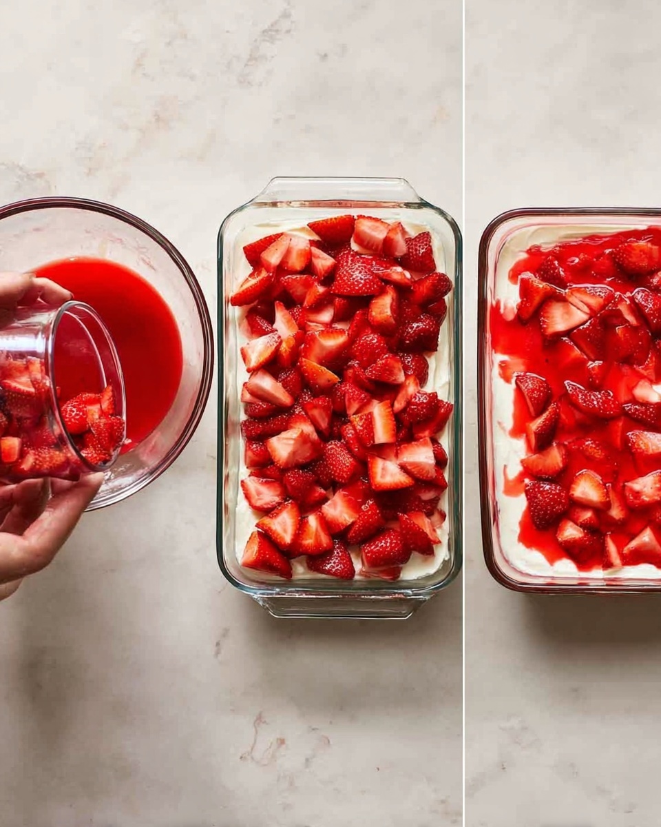 The image shows three stages of a strawberry dessert preparation on a white marbled surface. On the left, a woman's hand pours bright red sliced strawberries with juice from a glass bowl into a clear round glass bowl. In the center, a rectangular clear glass container holds a thick white creamy layer topped with bright red strawberry pieces and syrup. On the right, the same rectangular container is filled to the top with evenly spread sliced strawberries and red syrup, completely covering the white layer beneath. photo taken with an iphone --ar 4:5 --v 7